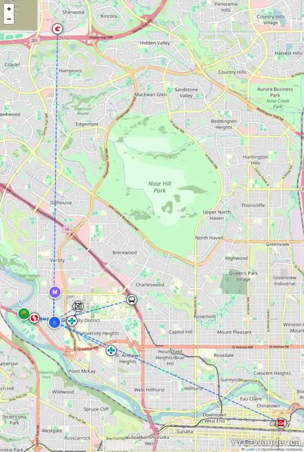 Daily accessibility map for 4639 21 AV NW, Calgary showing nearby schools, grocery stores, parks, LRT stations and nearby amenities