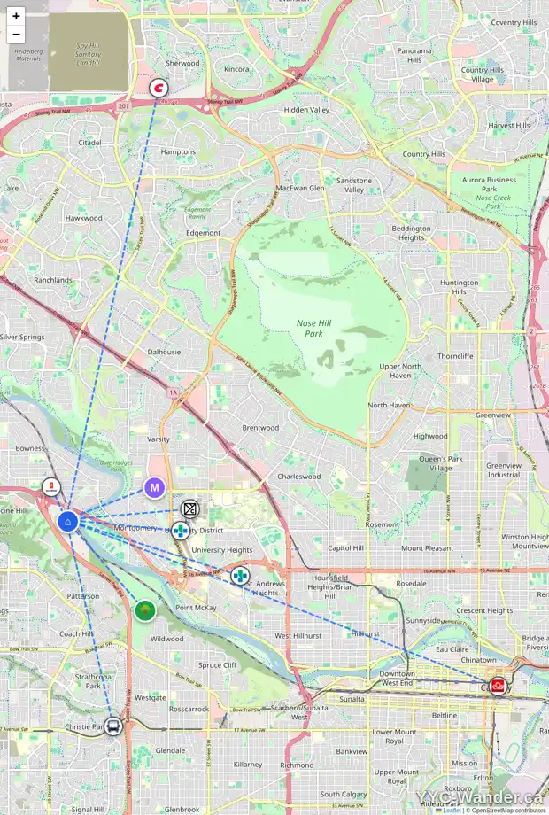 Daily accessibility map for 88 BOWDALE CR NW, Calgary showing nearby schools, grocery stores, parks, LRT stations and nearby amenities