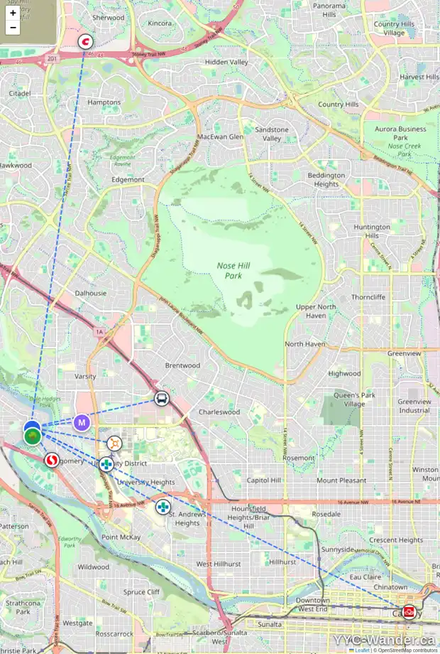 Daily accessibility map for 5814 BOWWATER CR NW, Calgary showing nearby schools, grocery stores, parks, LRT stations and nearby amenities