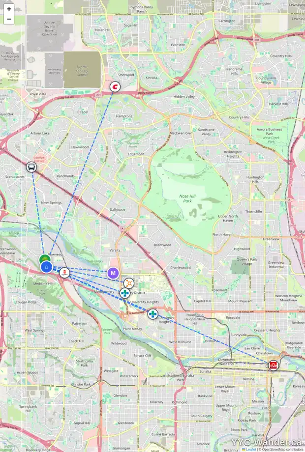 Daily accessibility map for 3602 77 ST NW, Calgary showing nearby schools, grocery stores, parks, LRT stations and nearby amenities