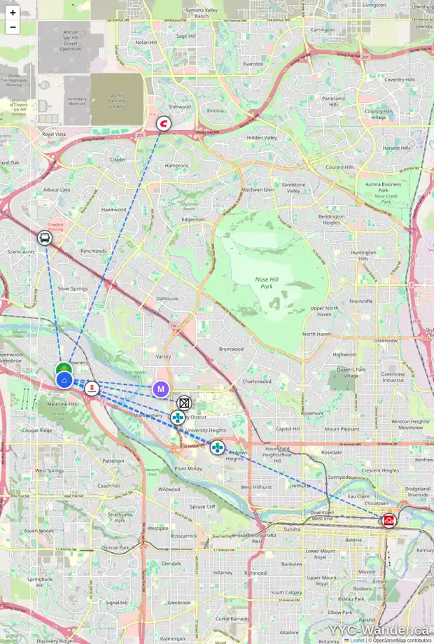 Daily accessibility map for 7802 34 AV NW, Calgary showing nearby schools, grocery stores, parks, LRT stations and nearby amenities