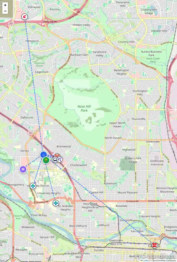 Daily accessibility map for 3808 VARSITY DR NW, Calgary showing nearby schools, grocery stores, parks, LRT stations and nearby amenities
