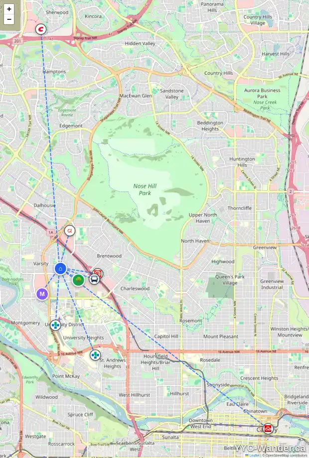 Daily accessibility map for 4231 40 ST NW, Calgary showing nearby schools, grocery stores, parks, LRT stations and nearby amenities