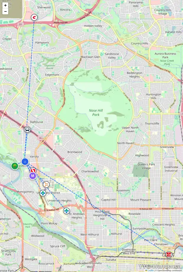 Daily accessibility map for 5307 VICARY PL NW, Calgary showing nearby schools, grocery stores, parks, LRT stations and nearby amenities