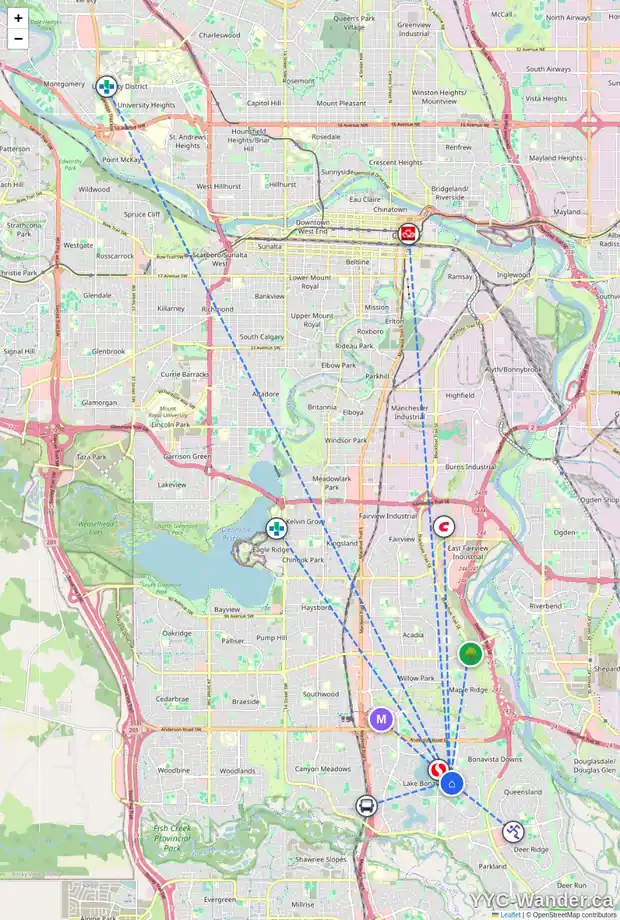 Daily accessibility map for 711 LAKE TWINTREE CR SE, Calgary showing nearby schools, grocery stores, parks, LRT stations and nearby amenities