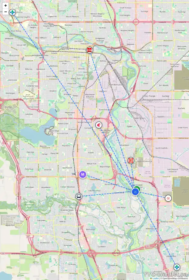 Daily accessibility map for 172 DOUGLAS SHORE CL SE, Calgary showing nearby schools, grocery stores, parks, LRT stations and nearby amenities