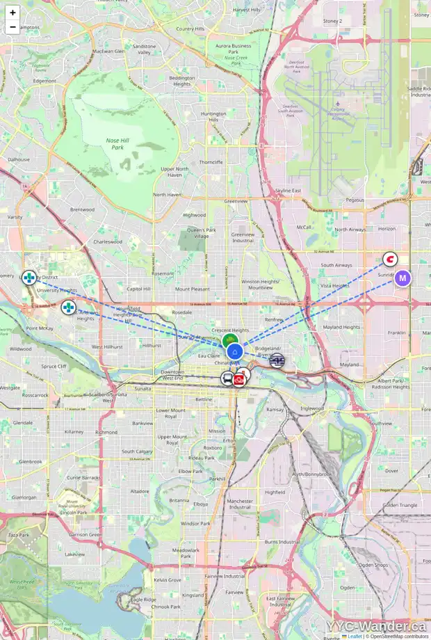Daily accessibility map for 209 2 AV NE, Calgary showing nearby schools, grocery stores, parks, LRT stations and nearby amenities