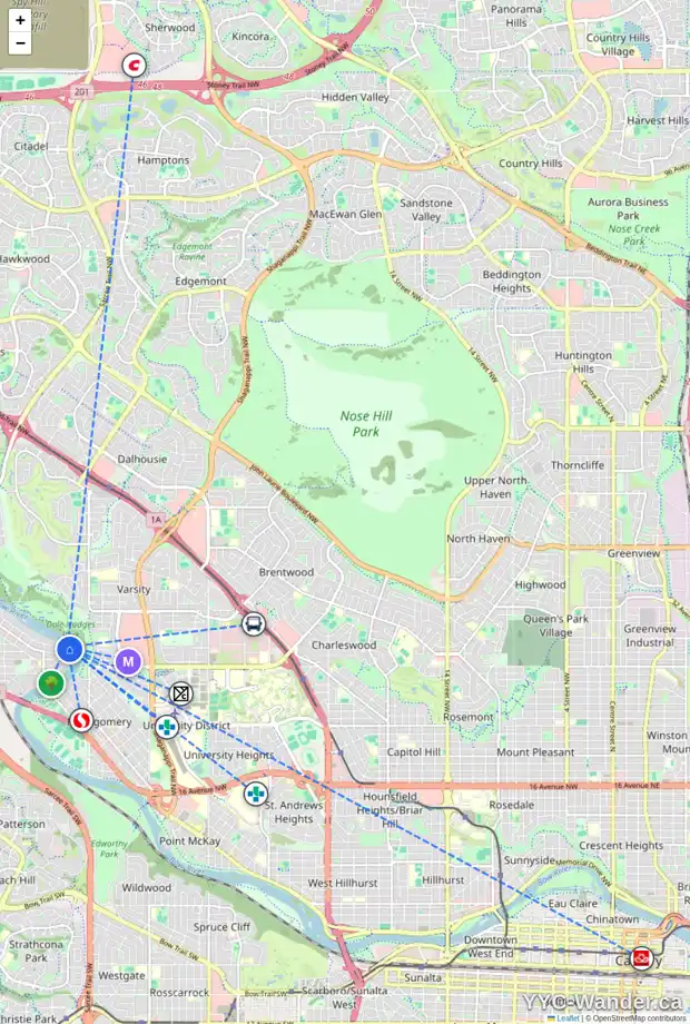 Daily accessibility map for 5960 BOW CR NW, Calgary showing nearby schools, grocery stores, parks, LRT stations and nearby amenities