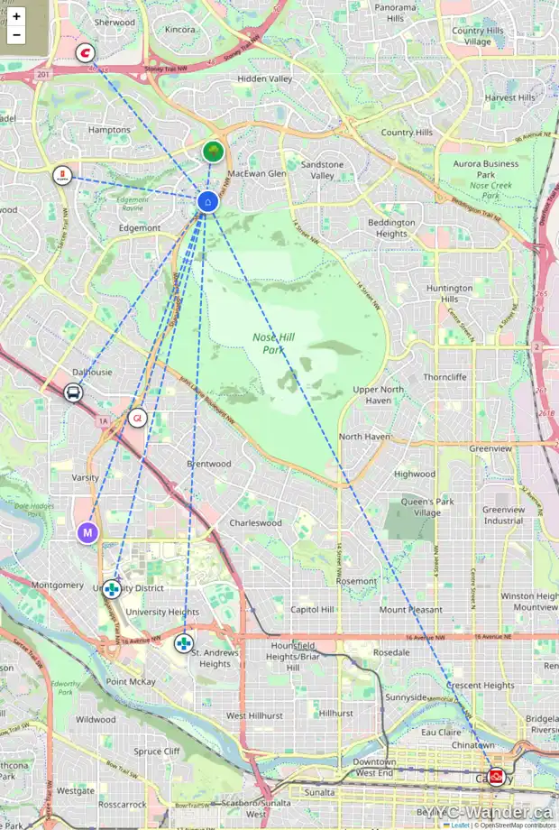 Daily accessibility map for 152 EDGEBROOK RI NW, Calgary showing nearby schools, grocery stores, parks, LRT stations and nearby amenities