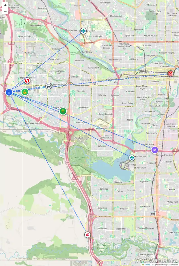 Daily accessibility map for 51 ANATAPI LN SW, Calgary showing nearby schools, grocery stores, parks, LRT stations and nearby amenities