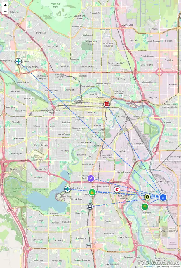 Daily accessibility map for 7614 OGDEN RD SE, Calgary showing nearby schools, grocery stores, parks, LRT stations and nearby amenities