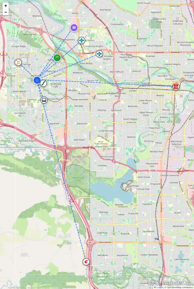 Daily accessibility map for 1326 STRATHCONA DR SW, Calgary showing nearby schools, grocery stores, parks, LRT stations and nearby amenities