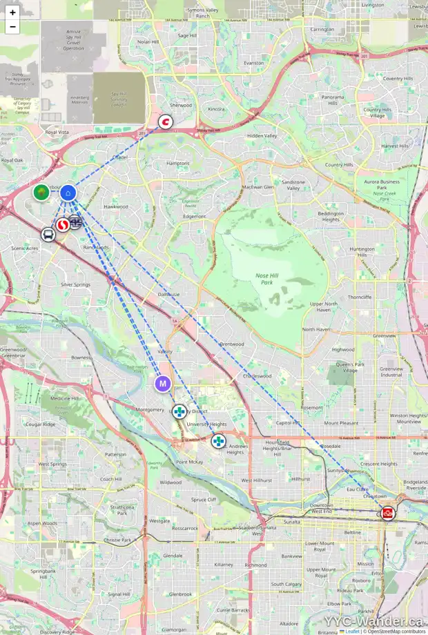 Daily accessibility map for 34 ARBOUR VISTA TC NW, Calgary showing nearby schools, grocery stores, parks, LRT stations and nearby amenities