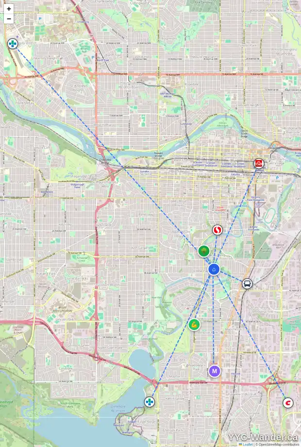 Daily accessibility map for 310 37 AV SW, Calgary showing nearby schools, grocery stores, parks, LRT stations and nearby amenities