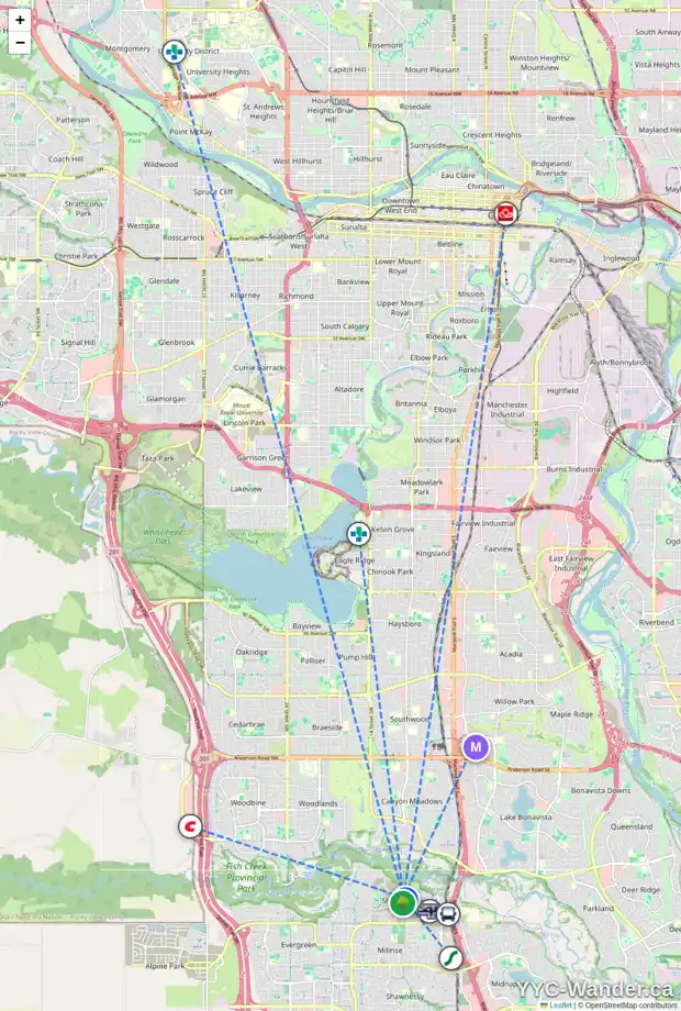 Daily accessibility map for 14315 SHAWNEE BA SW, Calgary showing nearby schools, grocery stores, parks, LRT stations and nearby amenities