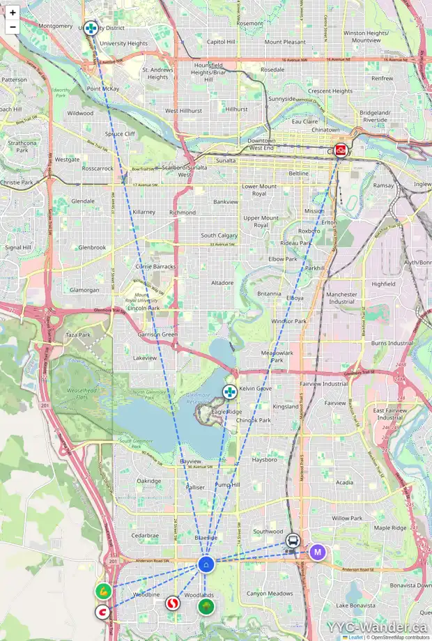 Daily accessibility map for 575 WOODPARK CR SW, Calgary showing nearby schools, grocery stores, parks, LRT stations and nearby amenities