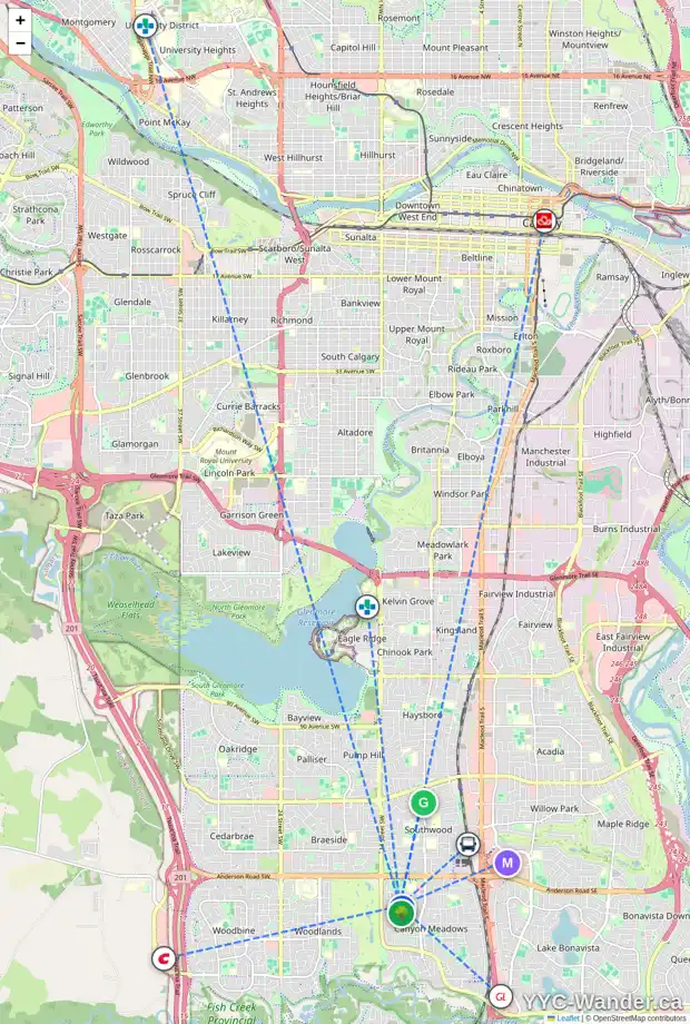 Daily accessibility map for 1316 116 AV SW, Calgary showing nearby schools, grocery stores, parks, LRT stations and nearby amenities