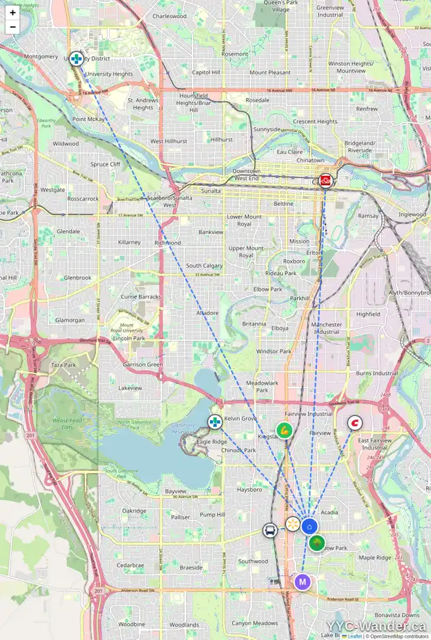 Daily accessibility map for 319 ALCOTT CR SE, Calgary showing nearby schools, grocery stores, parks, LRT stations and nearby amenities