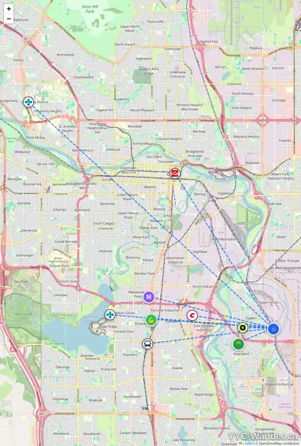Daily accessibility map for 7612 27 ST SE, Calgary showing nearby schools, grocery stores, parks, LRT stations and nearby amenities