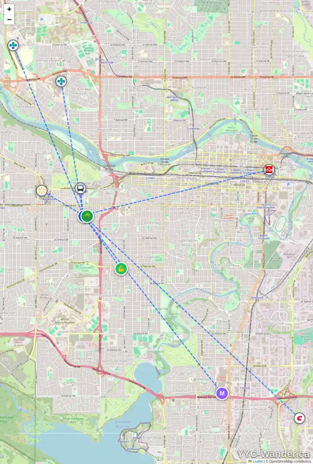 Daily accessibility map for 2017 26 ST SW, Calgary showing nearby schools, grocery stores, parks, LRT stations and nearby amenities