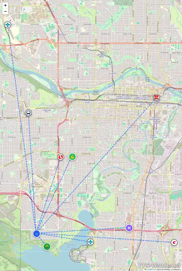 Daily accessibility map for 3131 LINDEN DR SW, Calgary showing nearby schools, grocery stores, parks, LRT stations and nearby amenities