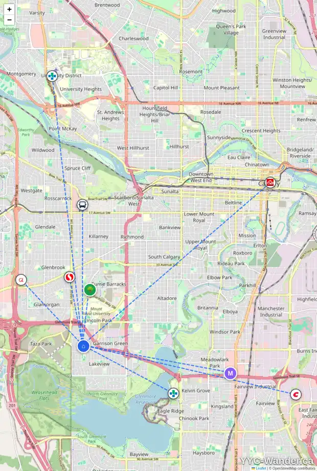 Daily accessibility map for 5847 LODGE CR SW, Calgary showing nearby schools, grocery stores, parks, LRT stations and nearby amenities