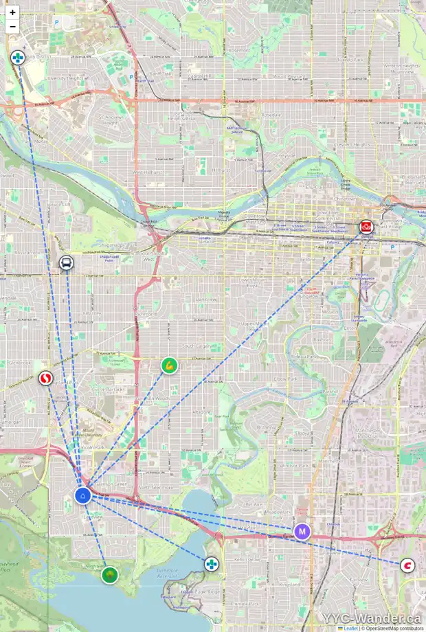 Daily accessibility map for 6015 LOCKINVAR RD SW, Calgary showing nearby schools, grocery stores, parks, LRT stations and nearby amenities