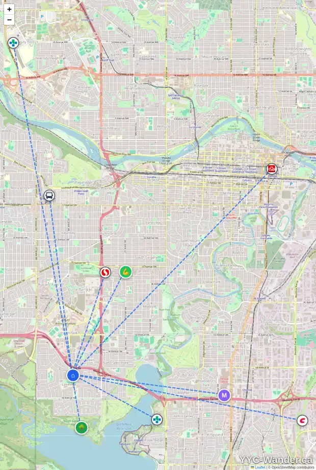 Daily accessibility map for 3113 LEDUC CR SW, Calgary showing nearby schools, grocery stores, parks, LRT stations and nearby amenities