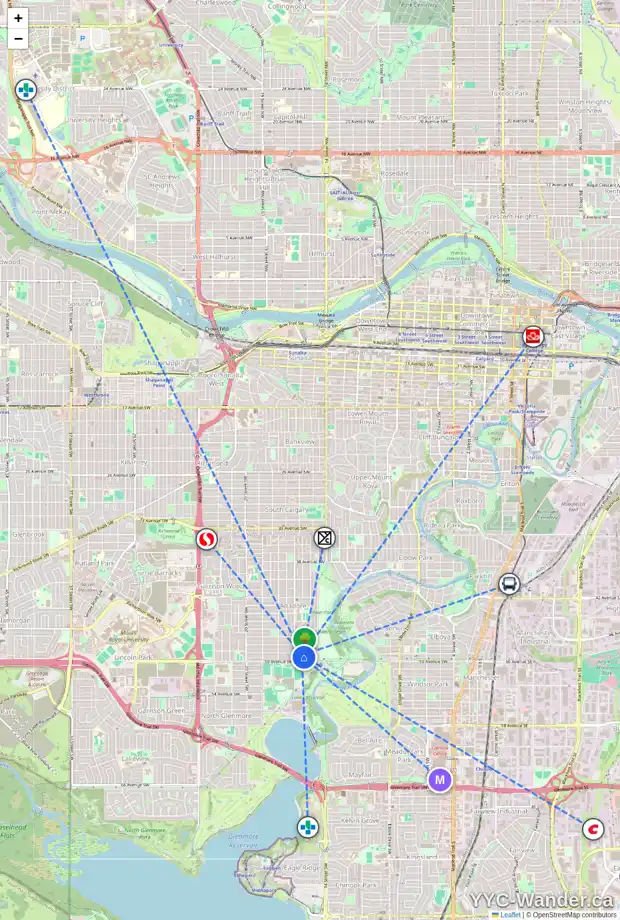 Daily accessibility map for 1611 49 AV SW, Calgary showing nearby schools, grocery stores, parks, LRT stations and nearby amenities