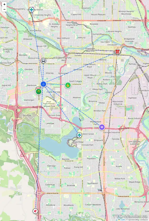 Daily accessibility map for 3230 KINSALE RD SW, Calgary showing nearby schools, grocery stores, parks, LRT stations and nearby amenities