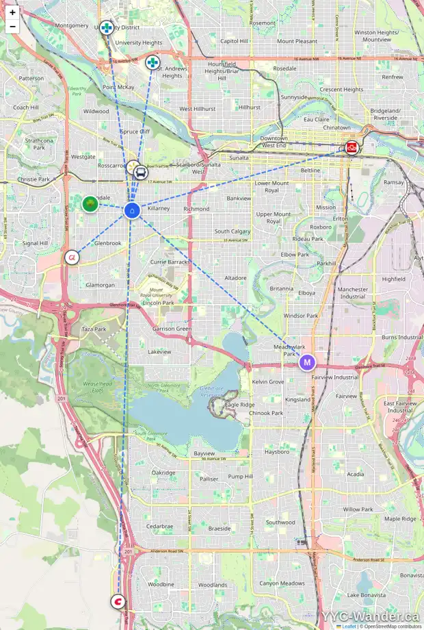 Daily accessibility map for 2607 36 ST SW, Calgary showing nearby schools, grocery stores, parks, LRT stations and nearby amenities