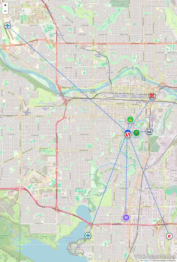 Daily accessibility map for 2402 5 ST SW, Calgary showing nearby schools, grocery stores, parks, LRT stations and nearby amenities