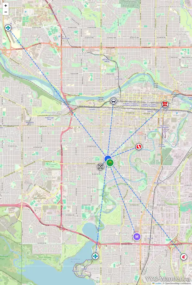 Daily accessibility map for 1209 PREMIER WY SW, Calgary showing nearby schools, grocery stores, parks, LRT stations and nearby amenities