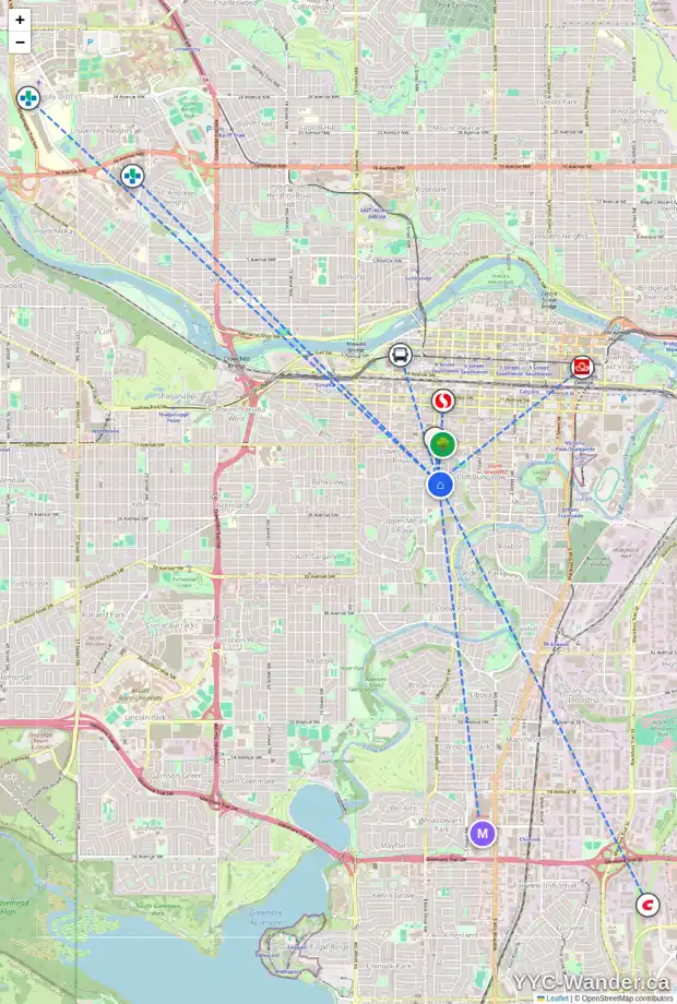 Daily accessibility map for 823 DURHAM AV SW, Calgary showing nearby schools, grocery stores, parks, LRT stations and nearby amenities