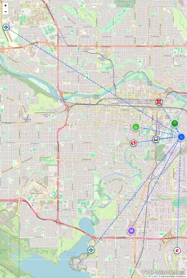 Daily accessibility map for 723 23 AV SE, Calgary showing nearby schools, grocery stores, parks, LRT stations and nearby amenities