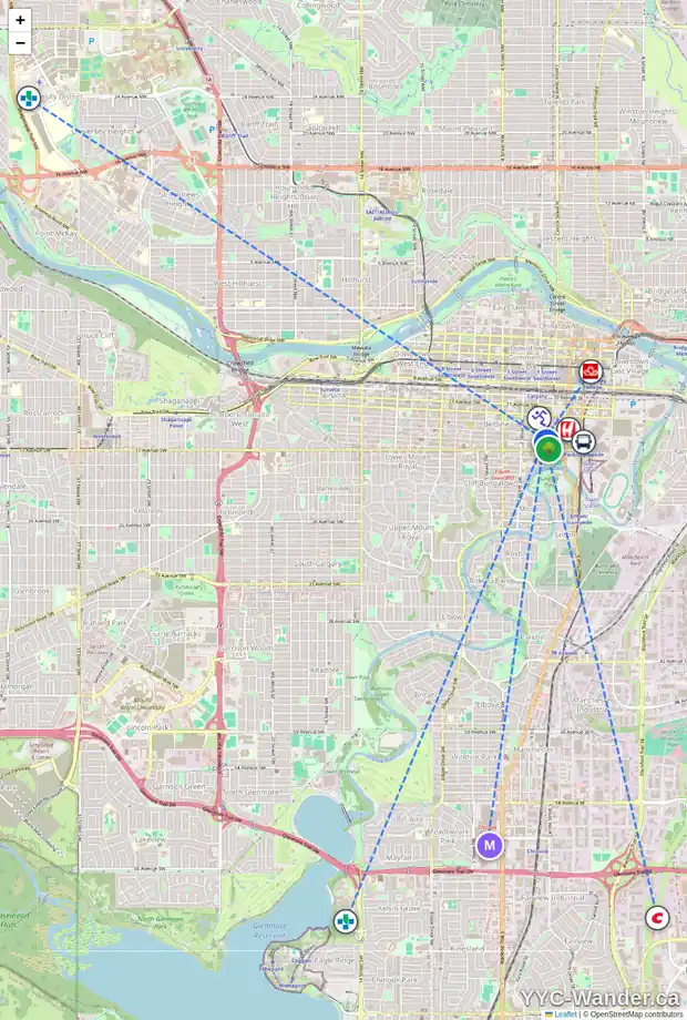 Daily accessibility map for 306 120 15 AV SW, Calgary showing nearby schools, grocery stores, parks, LRT stations and nearby amenities