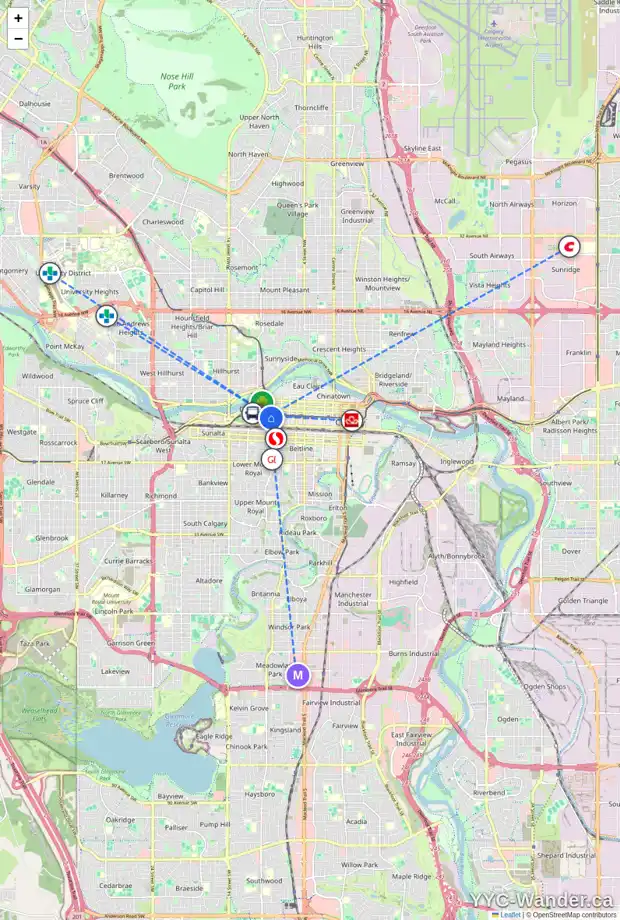Daily accessibility map for 1801 909 7 AV SW, Calgary showing nearby schools, grocery stores, parks, LRT stations and nearby amenities