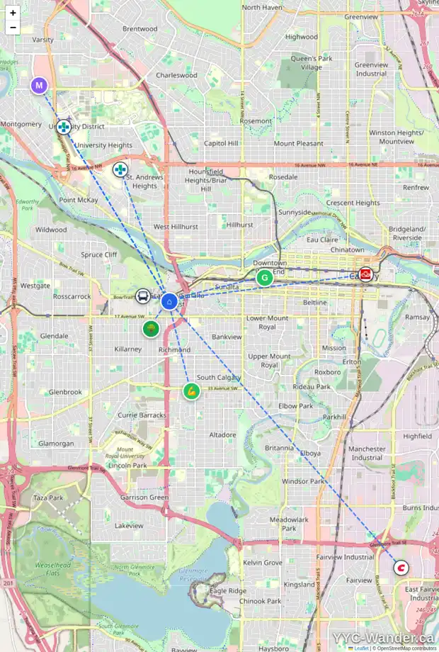 Daily accessibility map for 1412 24 ST SW, Calgary showing nearby schools, grocery stores, parks, LRT stations and nearby amenities