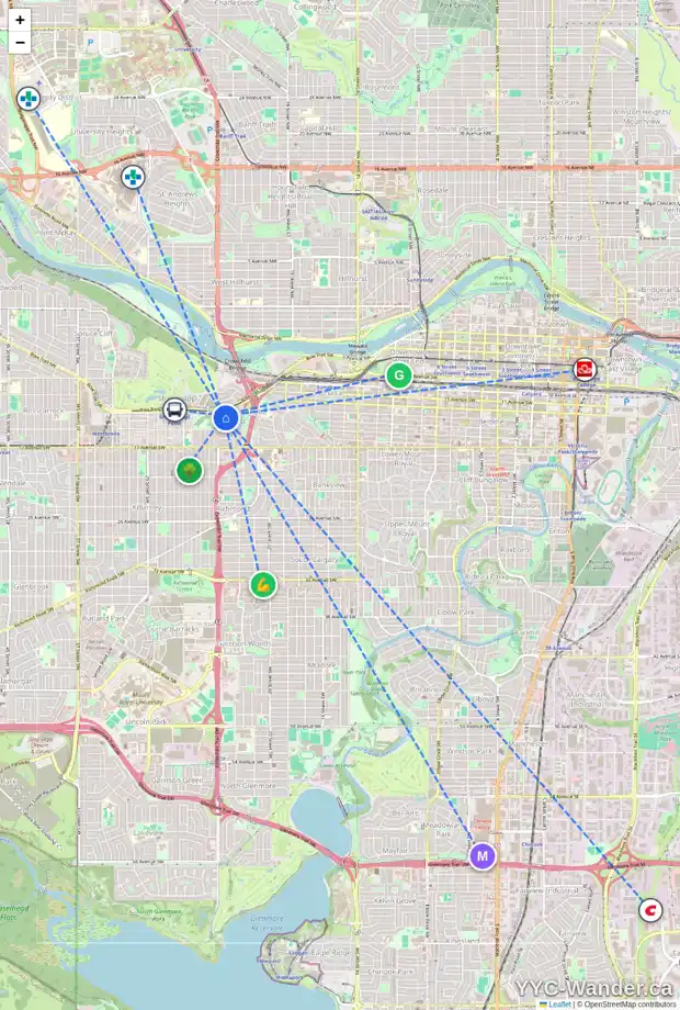 Daily accessibility map for 1419 23 ST SW, Calgary showing nearby schools, grocery stores, parks, LRT stations and nearby amenities