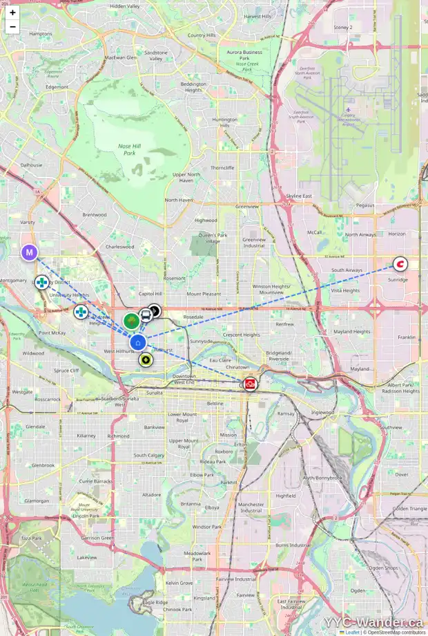 Daily accessibility map for 2027 6 AV NW, Calgary showing nearby schools, grocery stores, parks, LRT stations and nearby amenities