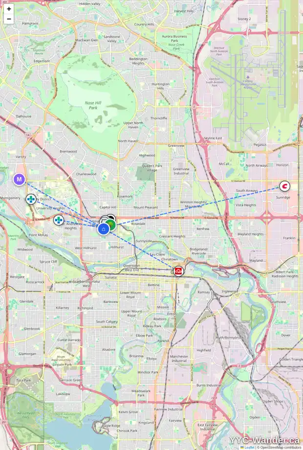 Daily accessibility map for 1232 18A ST NW, Calgary showing nearby schools, grocery stores, parks, LRT stations and nearby amenities