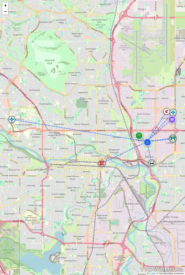 Daily accessibility map for 2112 8 AV NE, Calgary showing nearby schools, grocery stores, parks, LRT stations and nearby amenities