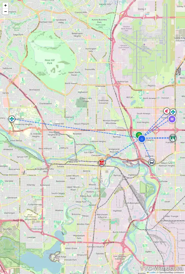 Daily accessibility map for 1031 18 ST NE, Calgary showing nearby schools, grocery stores, parks, LRT stations and nearby amenities