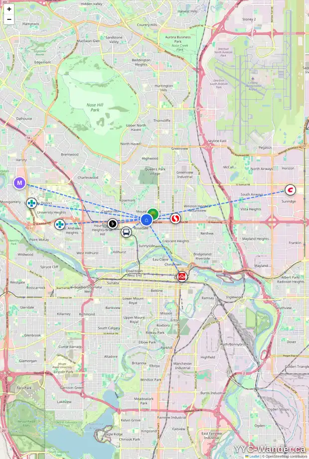 Daily accessibility map for 806 17 AV NW, Calgary showing nearby schools, grocery stores, parks, LRT stations and nearby amenities