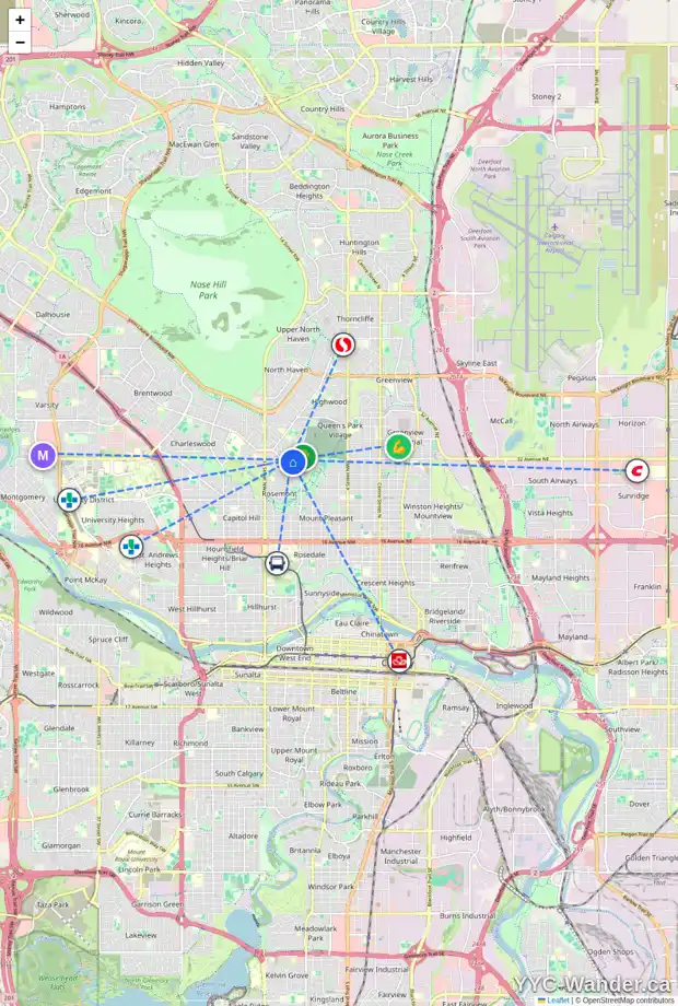 Daily accessibility map for 19 CUMBERLAND DR NW, Calgary showing nearby schools, grocery stores, parks, LRT stations and nearby amenities
