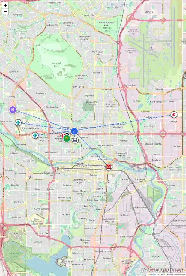 Daily accessibility map for 1406 18 AV NW, Calgary showing nearby schools, grocery stores, parks, LRT stations and nearby amenities