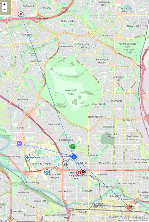 Daily accessibility map for 2504 EXSHAW RD NW, Calgary showing nearby schools, grocery stores, parks, LRT stations and nearby amenities