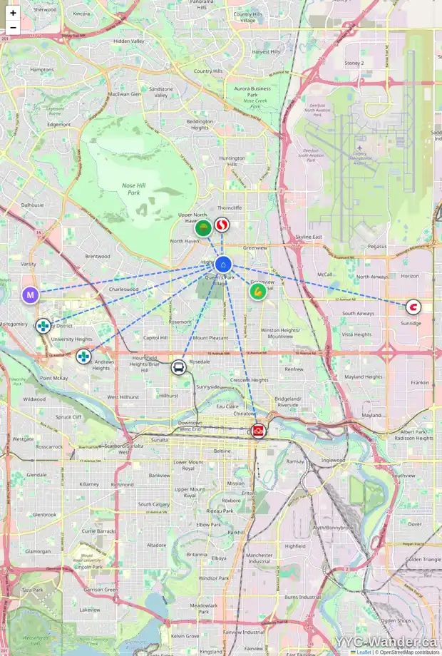 Daily accessibility map for 196 HENDON DR NW, Calgary showing nearby schools, grocery stores, parks, LRT stations and nearby amenities