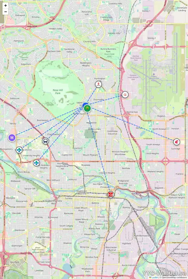 Daily accessibility map for 220 NORFOLK RD NW, Calgary showing nearby schools, grocery stores, parks, LRT stations and nearby amenities