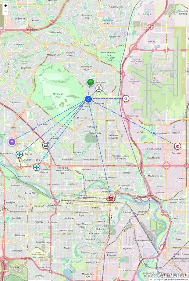 Daily accessibility map for 6549 HUNTSBAY RD NW, Calgary showing nearby schools, grocery stores, parks, LRT stations and nearby amenities